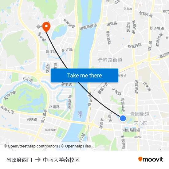 省政府西门 to 中南大学南校区 map