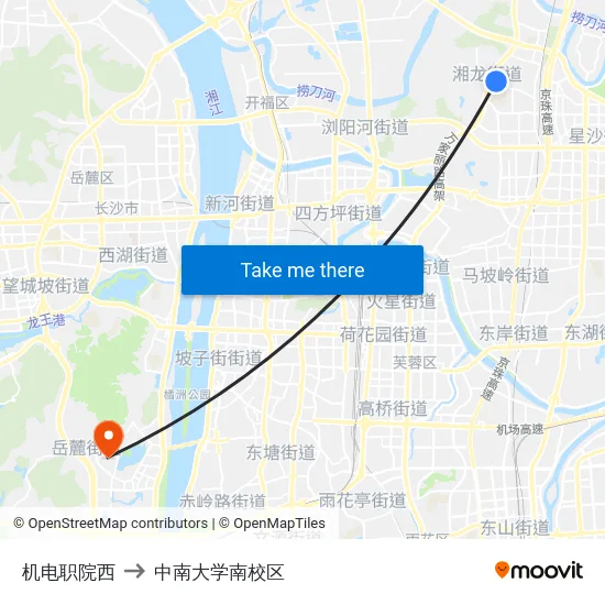 机电职院西 to 中南大学南校区 map