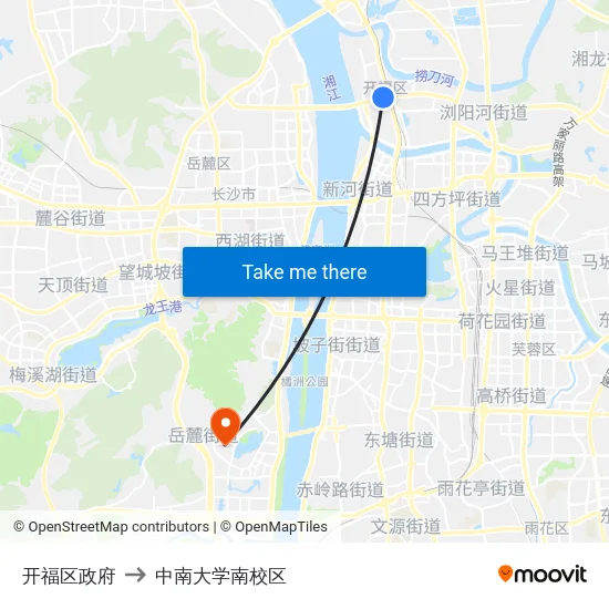 开福区政府 to 中南大学南校区 map