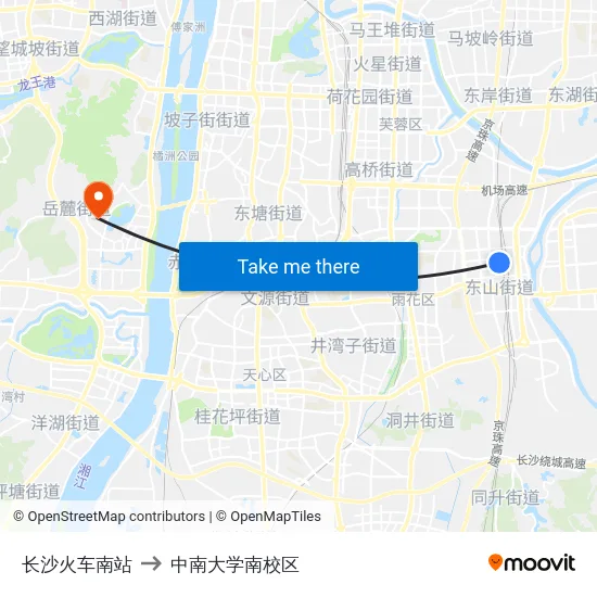 长沙火车南站 to 中南大学南校区 map