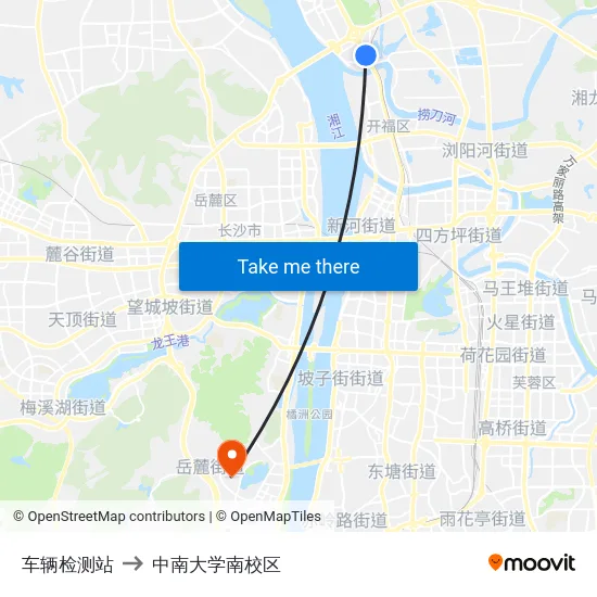 车辆检测站 to 中南大学南校区 map