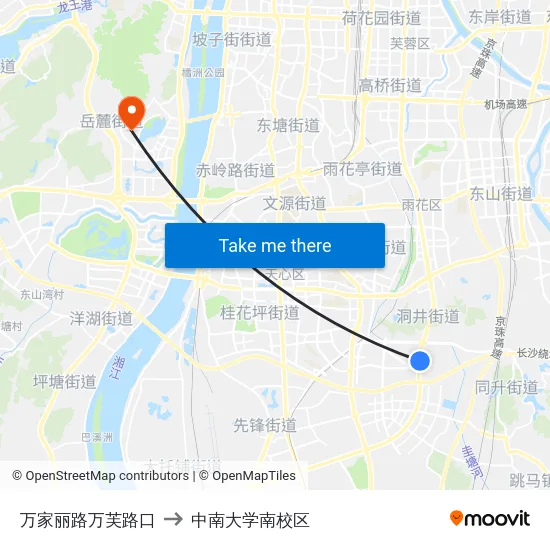 万家丽路万芙路口 to 中南大学南校区 map