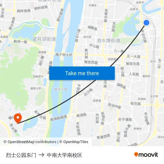 烈士公园东门 to 中南大学南校区 map