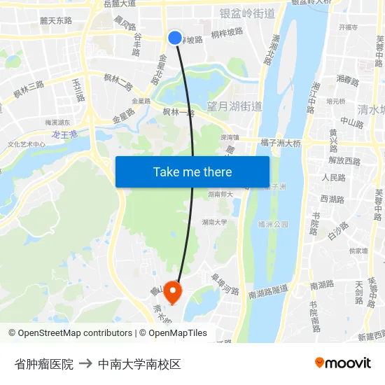 省肿瘤医院 to 中南大学南校区 map