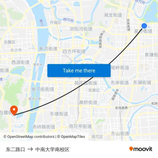 东二路口 to 中南大学南校区 map