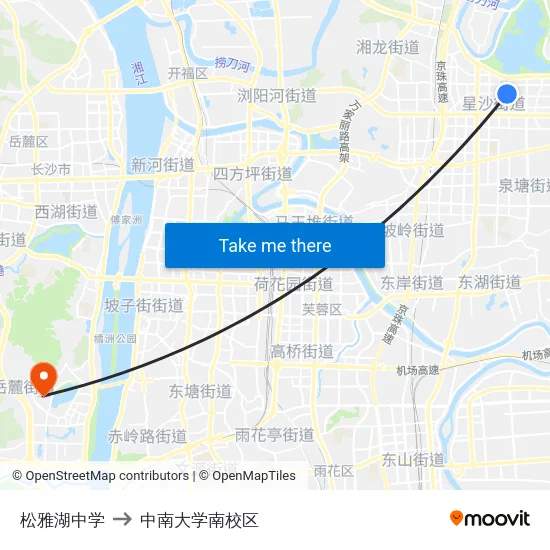 松雅湖中学 to 中南大学南校区 map