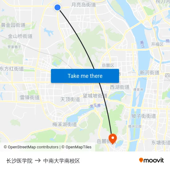 长沙医学院 to 中南大学南校区 map