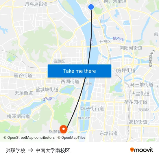 兴联学校 to 中南大学南校区 map