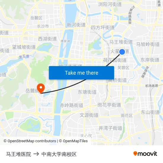马王堆医院 to 中南大学南校区 map