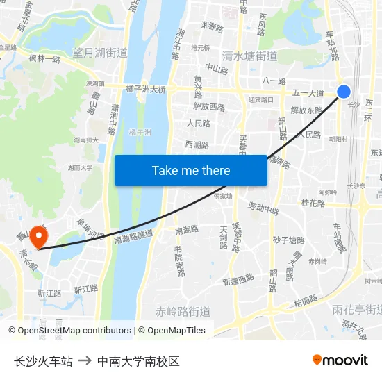 长沙火车站 to 中南大学南校区 map