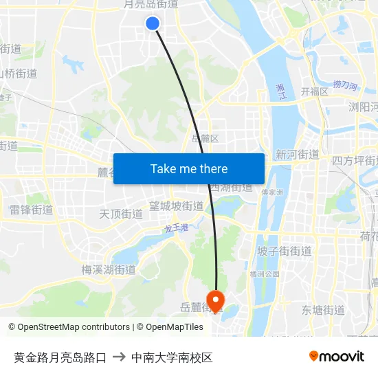 黄金路月亮岛路口 to 中南大学南校区 map