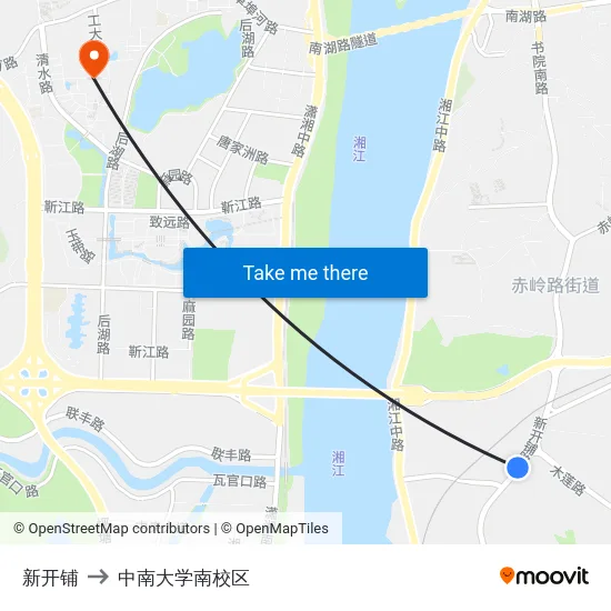 新开铺 to 中南大学南校区 map