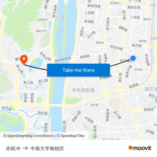 赤岗冲 to 中南大学南校区 map