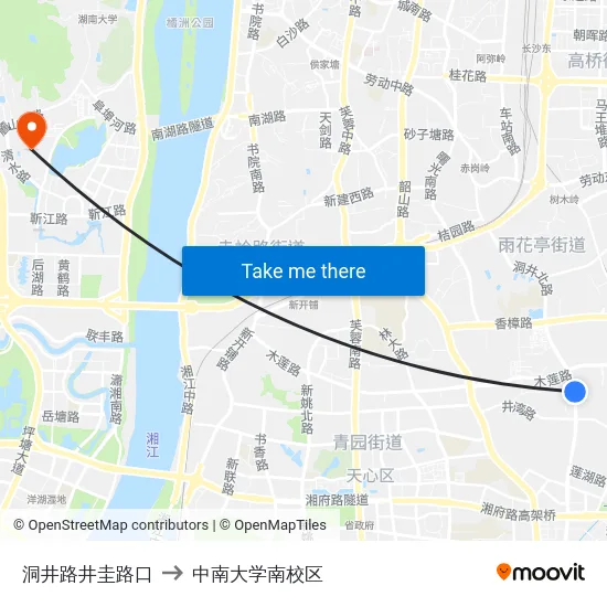 洞井路井圭路口 to 中南大学南校区 map