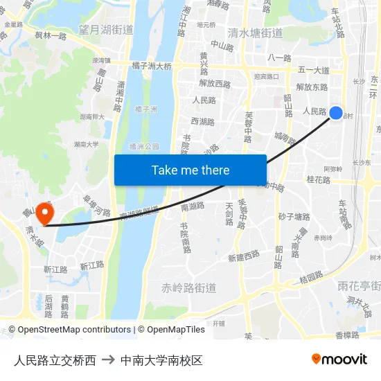 人民路立交桥西 to 中南大学南校区 map