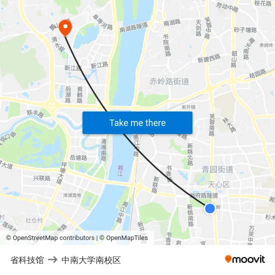 省科技馆 to 中南大学南校区 map