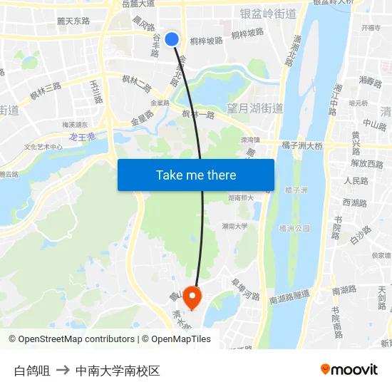 白鸽咀 to 中南大学南校区 map