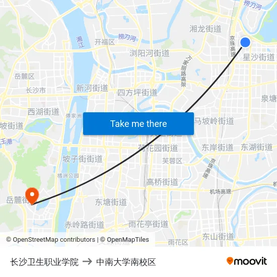 长沙卫生职业学院 to 中南大学南校区 map