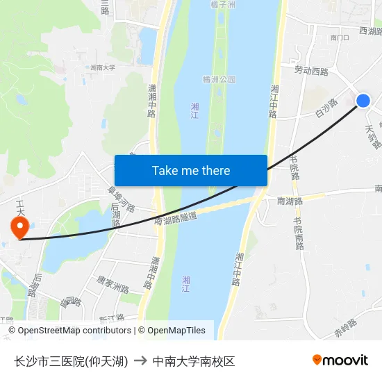 长沙市三医院(仰天湖) to 中南大学南校区 map