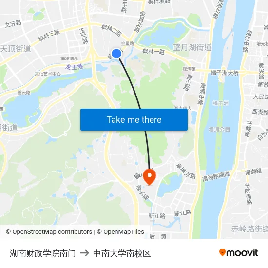 湖南财政学院南门 to 中南大学南校区 map