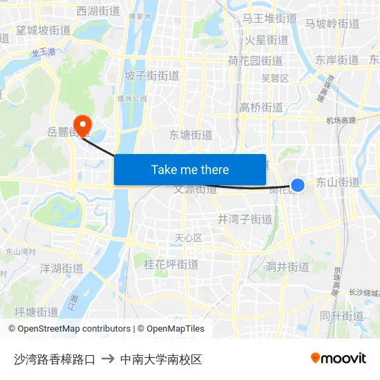 沙湾路香樟路口 to 中南大学南校区 map