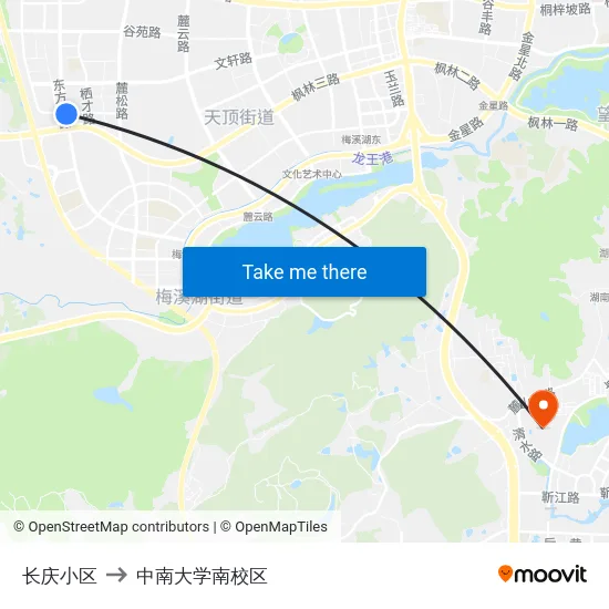 长庆小区 to 中南大学南校区 map