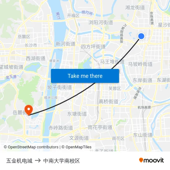 五金机电城 to 中南大学南校区 map