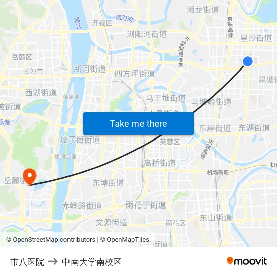 市八医院 to 中南大学南校区 map