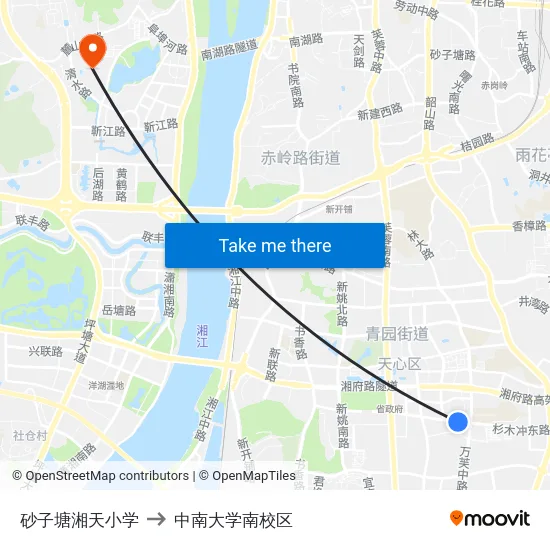 砂子塘湘天小学 to 中南大学南校区 map
