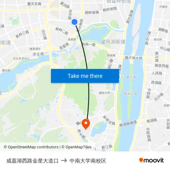 咸嘉湖西路金星大道口 to 中南大学南校区 map