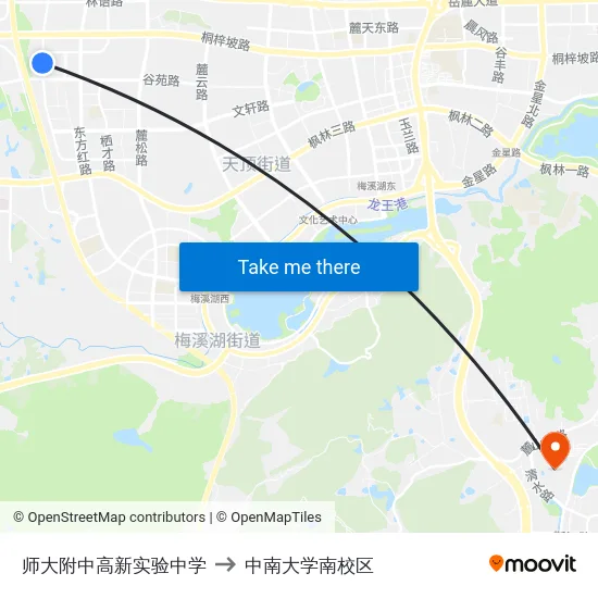 师大附中高新实验中学 to 中南大学南校区 map