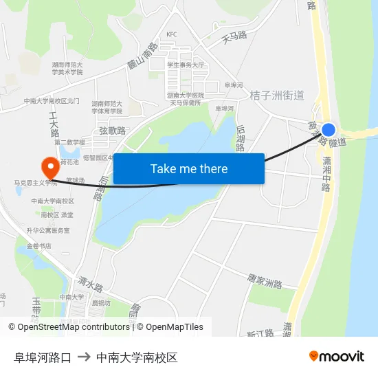 阜埠河路口 to 中南大学南校区 map