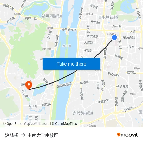 浏城桥 to 中南大学南校区 map