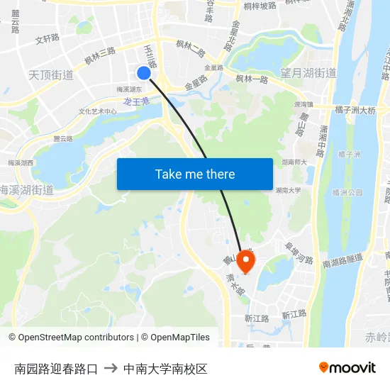 南园路迎春路口 to 中南大学南校区 map