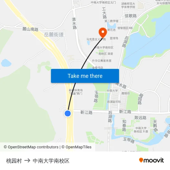 桃园村 to 中南大学南校区 map