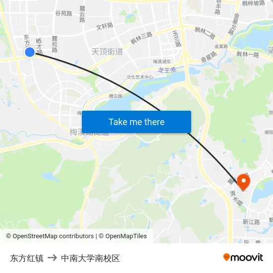 东方红镇 to 中南大学南校区 map