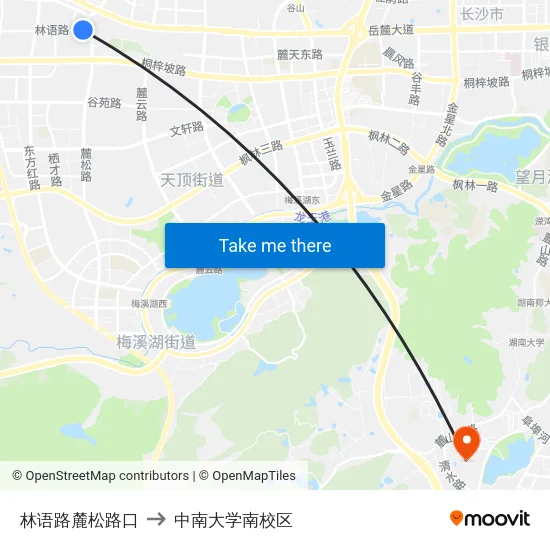 林语路麓松路口 to 中南大学南校区 map