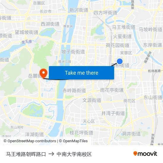 马王堆路朝晖路口 to 中南大学南校区 map