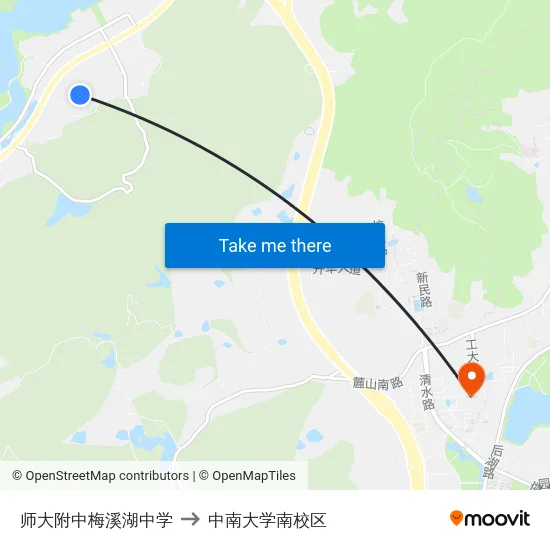 师大附中梅溪湖中学 to 中南大学南校区 map