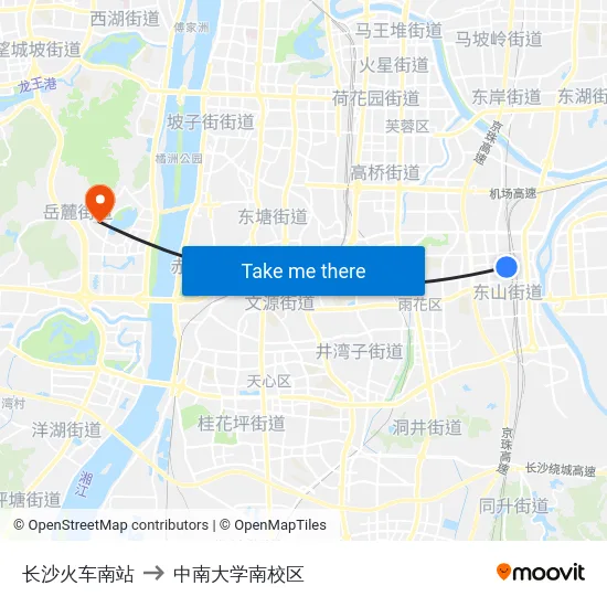 长沙火车南站 to 中南大学南校区 map