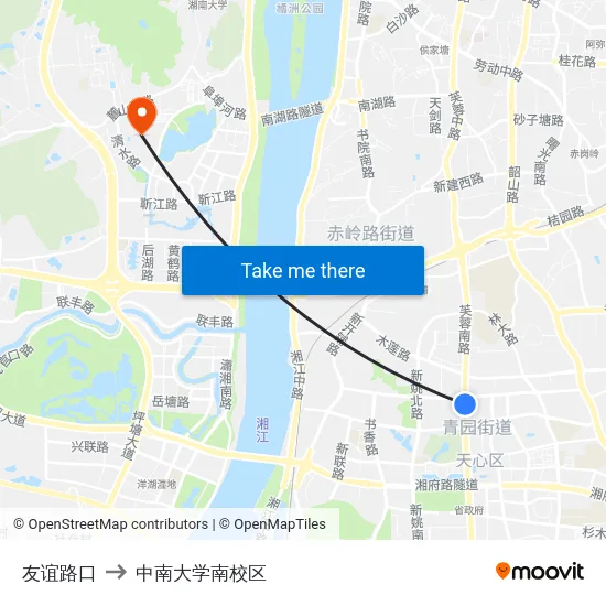 友谊路口 to 中南大学南校区 map