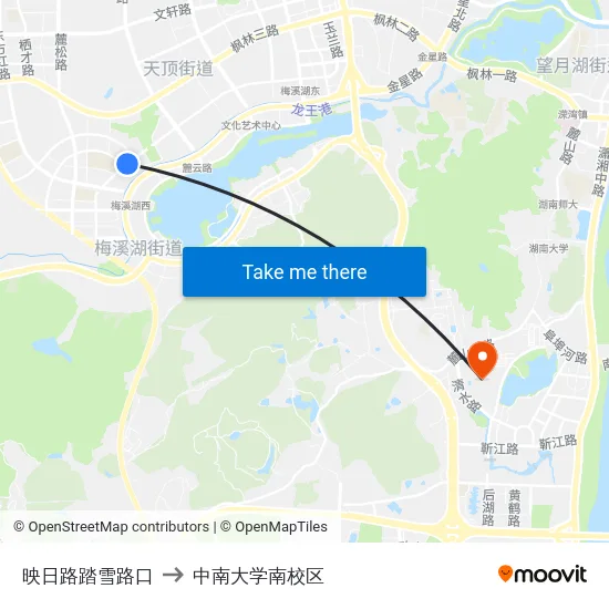 映日路踏雪路口 to 中南大学南校区 map