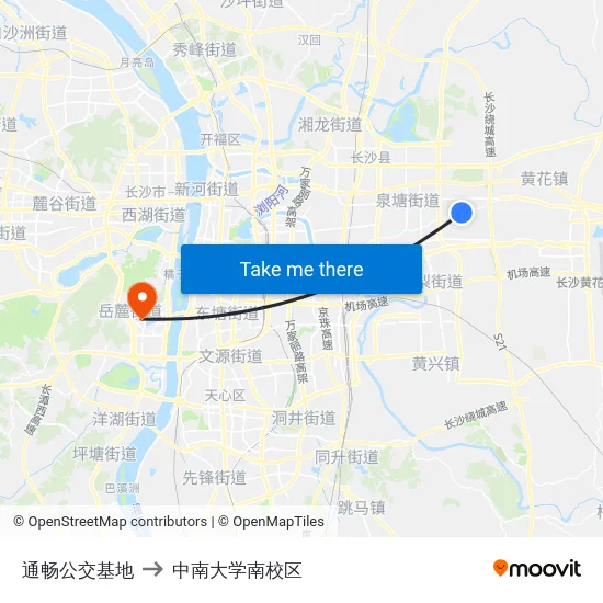 通畅公交基地 to 中南大学南校区 map