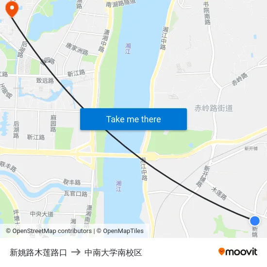 新姚路木莲路口 to 中南大学南校区 map