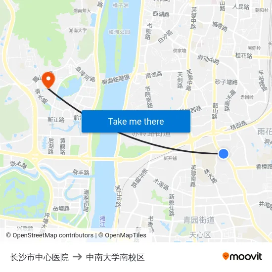 长沙市中心医院 to 中南大学南校区 map