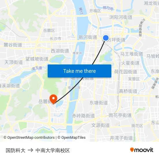国防科大 to 中南大学南校区 map