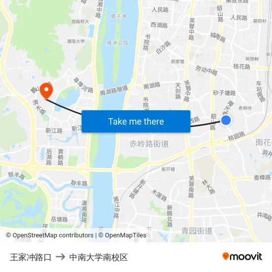 王家冲路口 to 中南大学南校区 map