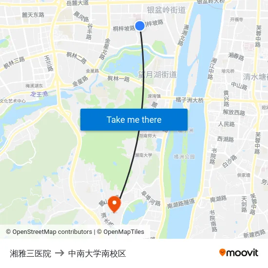 湘雅三医院 to 中南大学南校区 map
