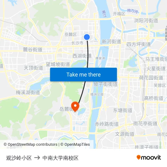 观沙岭小区 to 中南大学南校区 map