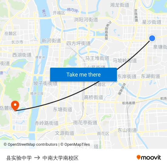 县实验中学 to 中南大学南校区 map